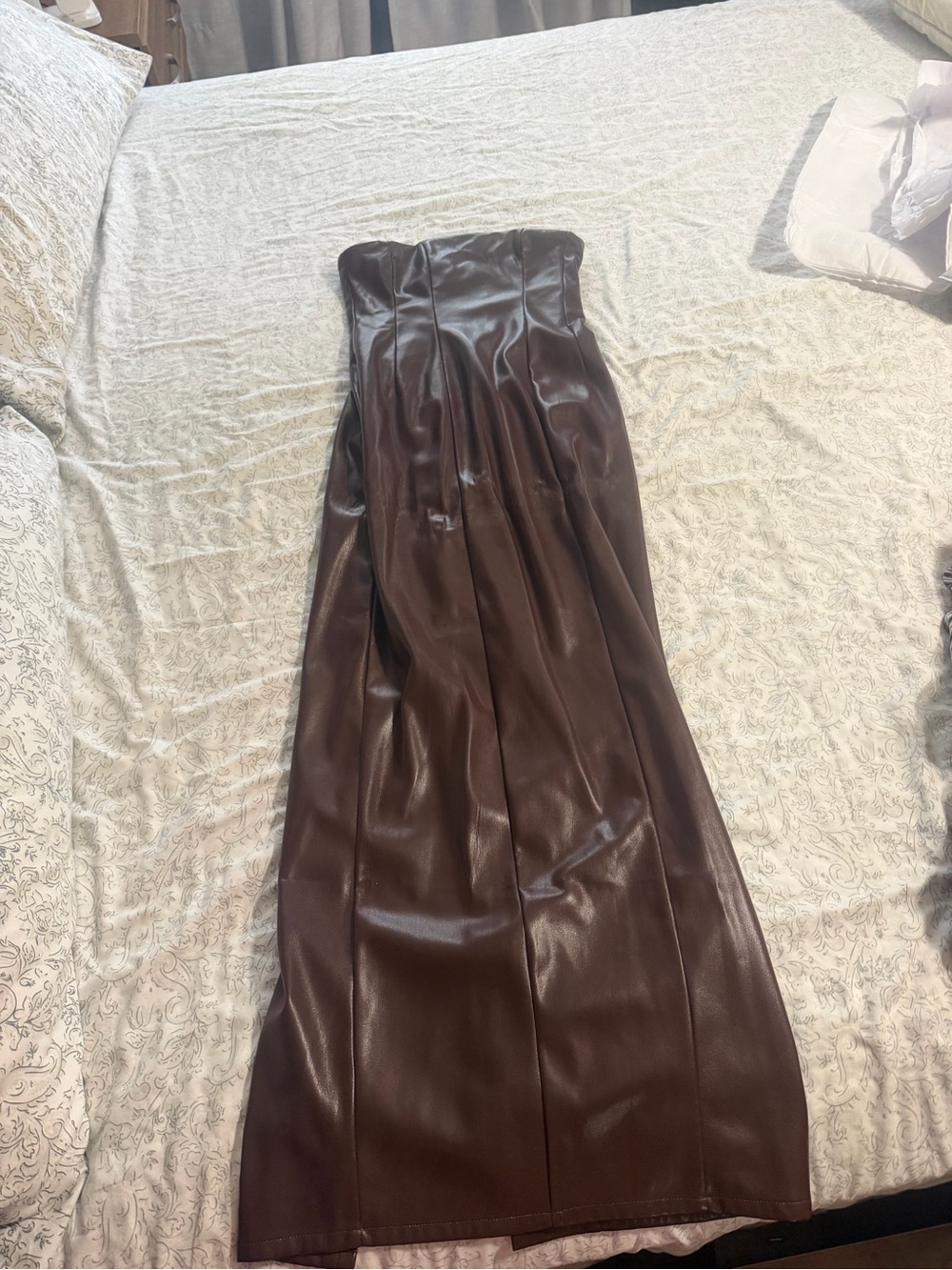 Lovers + Friends Strapless Faux-Leather Maxi Dress in Dark Brown